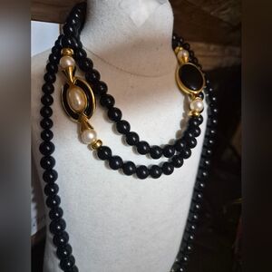 Napier Black Beaded Necklace with Gold-Tone Accents and Pearl Details